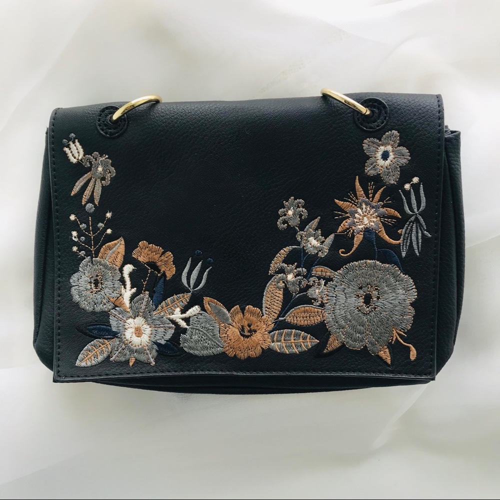 Black Floral Embroidered Over the Shoulder Bag - Picture 3 of 10